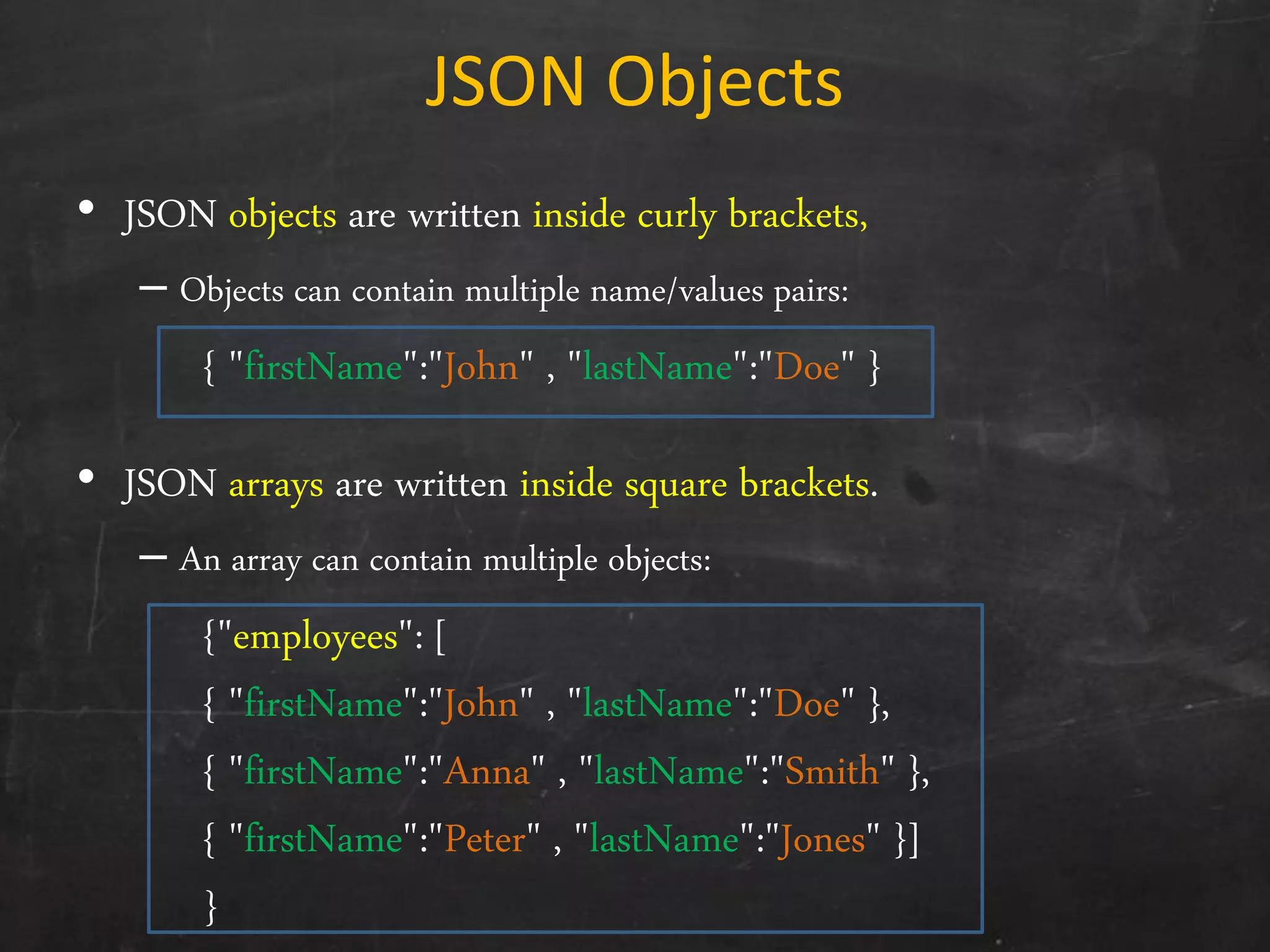 JSON Objects
• JSON objects are written inside curly brackets,
– Objects can contain multiple name/values pairs:
{ "firstName":"John" , "lastName":"Doe" }
• JSON arrays are written inside square brackets.
– An array can contain multiple objects:
{"employees": [
{ "firstName":"John" , "lastName":"Doe" },
{ "firstName":"Anna" , "lastName":"Smith" },
{ "firstName":"Peter" , "lastName":"Jones" }]
}
 