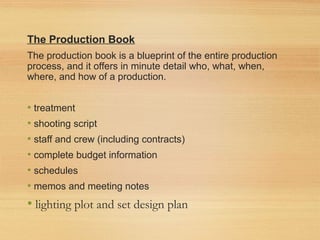 The Production Book
The production book is a blueprint of the entire production
process, and it offers in minute detail who, what, when,
where, and how of a production.
• treatment
• shooting script
• staff and crew (including contracts)
• complete budget information
• schedules
• memos and meeting notes
• lighting plot and set design plan
 