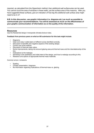 37
required, as calculated from the Oppenheim method, then additional wall surface-area can be used.
You cannot count the area of windows in these walls, just the surface area of the masonry. After you
have suggested these surfaces, give an indication of how big this additional wall surface area might
need to be in m2
.
N.B. In this discussion, use graphic information (i.e. diagrams etc.) as much as possible to
communicate your recommendations. You will be assessed as much on the effectiveness of
your graphic communication of information as on the quality of the information.
Resources
Use the Residential design in temperate climates lecture notes.
Feedback from previous years on what an HD submission for this task might include:
• Diagrams;
• Clear and colour coded plans of different zones identified correctly;
• Discussion of benefits and negative aspects of the existing design;
• Correct use of the method;
• Discussion of thermal mass ratios;
• Some improvements, taking into account glazing area and thermal mass and the interrelationship of the
two;
• Implications to the redesign;
• Sensitivity to the aesthetics and initial intent of the design; and how to redesign according to this;
• Research and options of appropriate thermal mass materials.
Common errors / omissions
• Spelling
• Unclear presentation / diagrams.
• No information regarding implications of thermal mass vs. glazing.
 