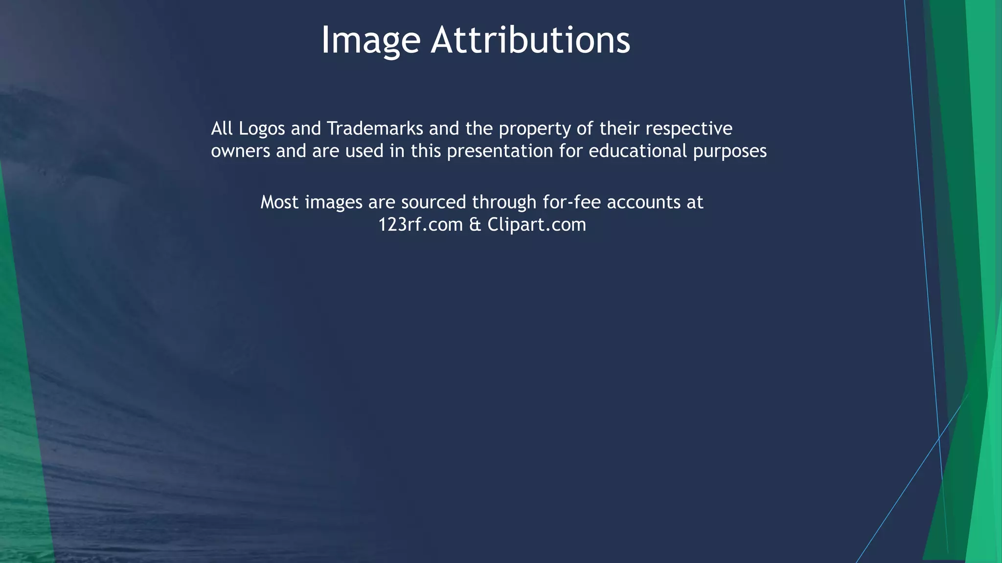 Image Attributions
Most images are sourced through for-fee accounts at
123rf.com & Clipart.com
All Logos and Trademarks and the property of their respective
owners and are used in this presentation for educational purposes
 