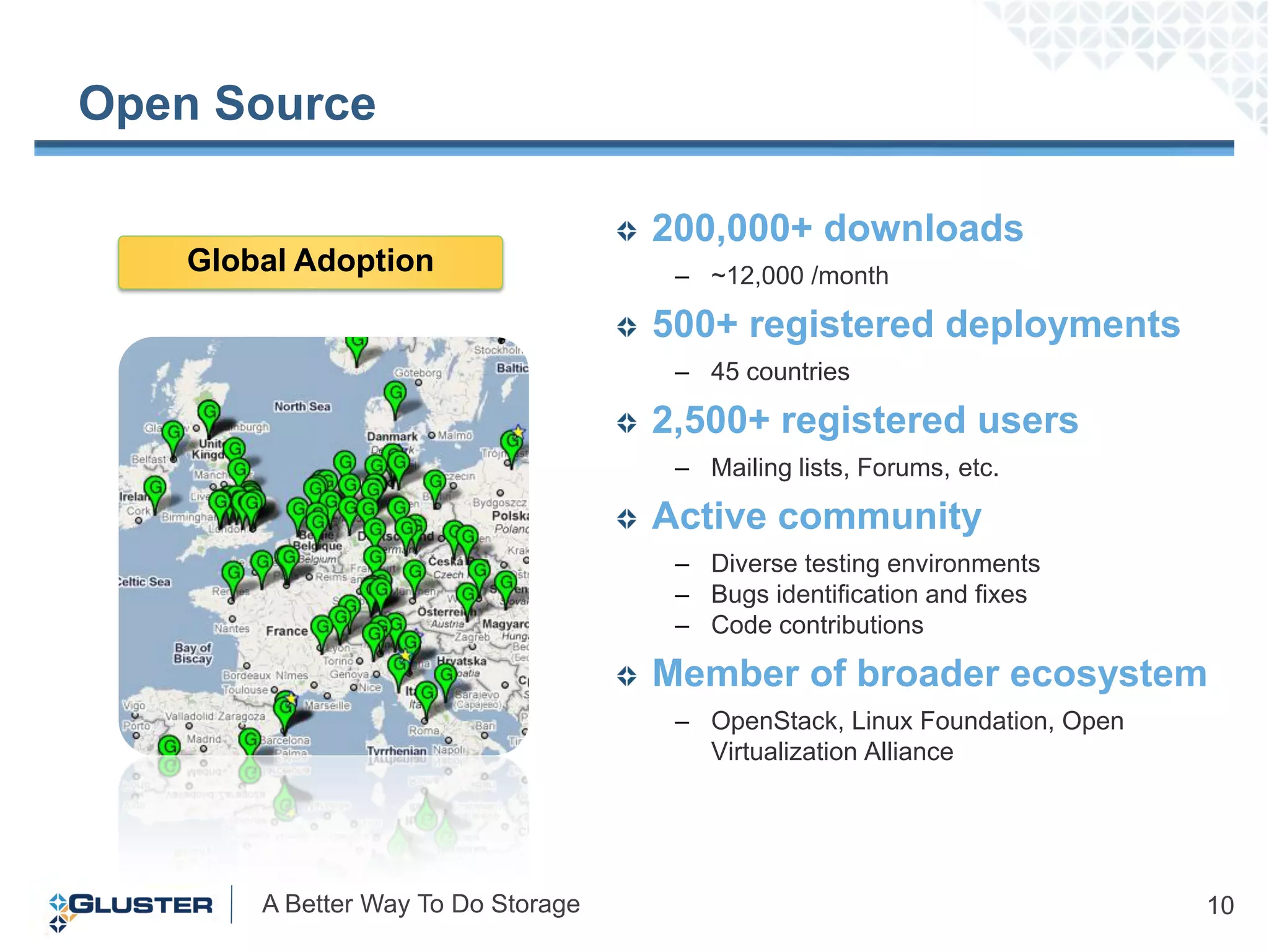 Open Source

                                     200,000+ downloads
    Global Adoption                   – ~12,000 /month

                                     500+ registered deployments
                                      – 45 countries

                                     2,500+ registered users
                                      – Mailing lists, Forums, etc.

                                     Active community
                                      – Diverse testing environments
                                      – Bugs identification and fixes
                                      – Code contributions

                                     Member of broader ecosystem
                                      – OpenStack, Linux Foundation, Open
                                        Virtualization Alliance




        A Better Way To Do Storage                                          10
 