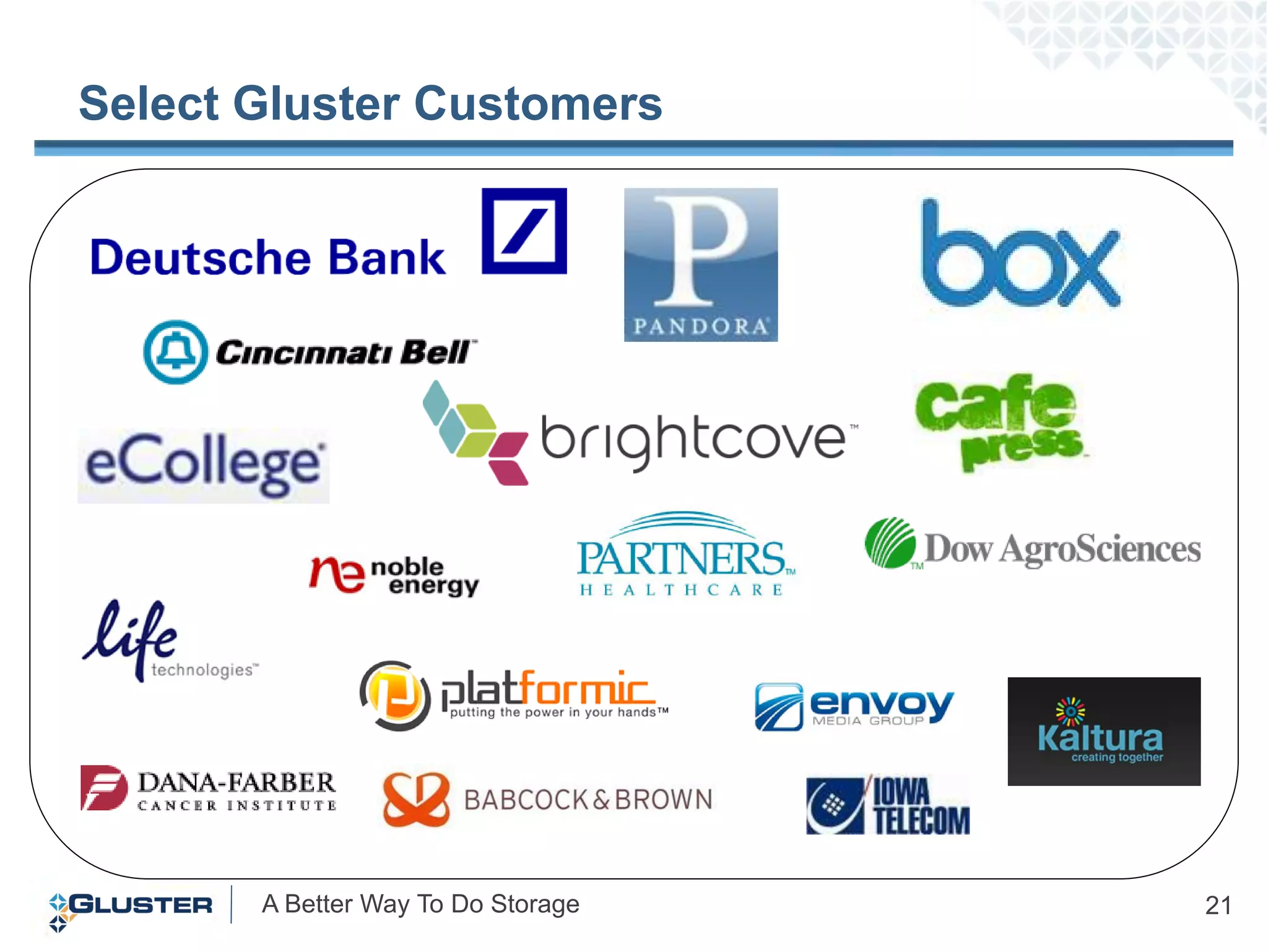 Select Gluster Customers




       A Better Way To Do Storage   21
 