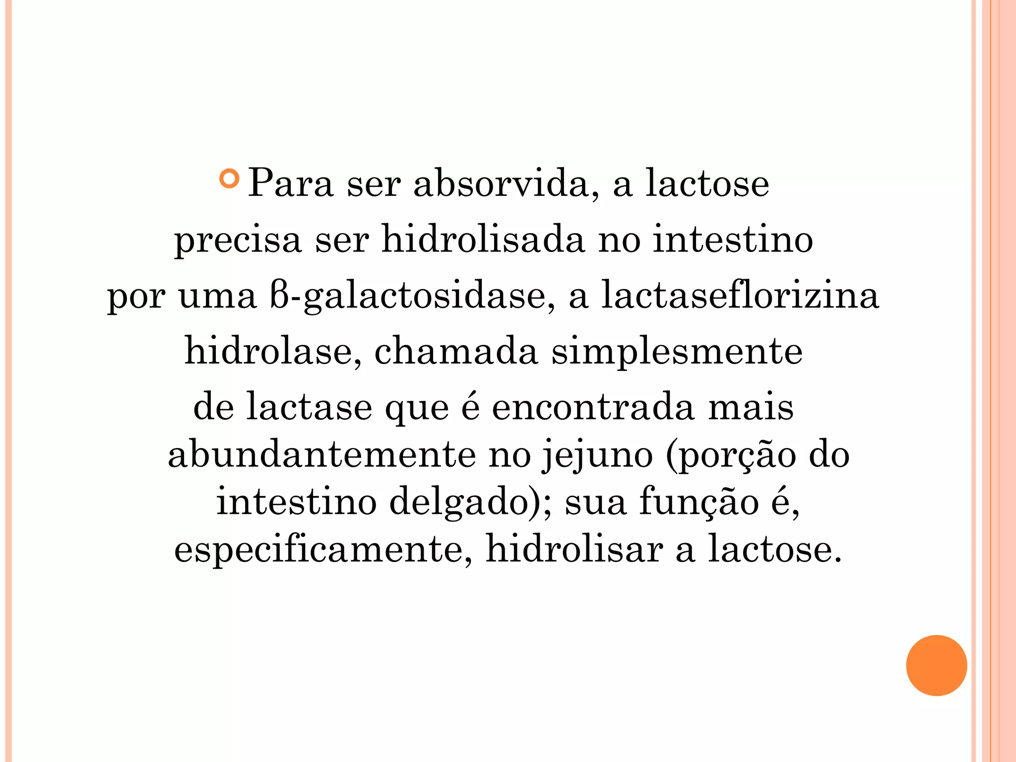  Para   ser absorvida, a lactose
    precisa ser hidrolisada no intestino
por uma β-galactosidase, a lactaseflorizina
     hidrolase, chamada simplesmente
     de lactase que é encontrada mais
   abundantemente no jejuno (porção do
       intestino delgado); sua função é,
    especificamente, hidrolisar a lactose.
 
