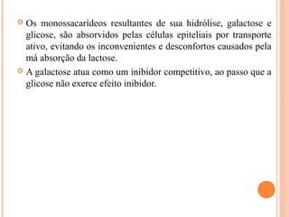  Os monossacarídeos resultantes de sua hidrólise, galactose e
  glicose, são absorvidos pelas células epiteliais por transporte
  ativo, evitando os inconvenientes e desconfortos causados pela
  má absorção da lactose.
 A galactose atua como um inibidor competitivo, ao passo que a
  glicose não exerce efeito inibidor.
 