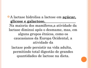 A  lactase hidrolisa a lactose em açúcar,
 glicose e galactose.
Na maioria dos mamíferos,a atividade da
lactase diminui após o desmame, mas, em
       alguns grupos étnicos, como os
    caucasianos da Europa Ocidental, a
                atividade da
  lactase pode persistir na vida adulta,
   permitindo total digestão de grandes
      quantidades de lactose na dieta.
 