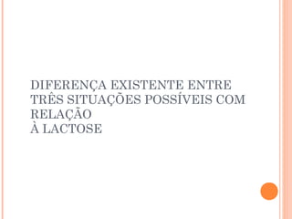 DIFERENÇA EXISTENTE ENTRE
TRÊS SITUAÇÕES POSSÍVEIS COM
RELAÇÃO
À LACTOSE
 