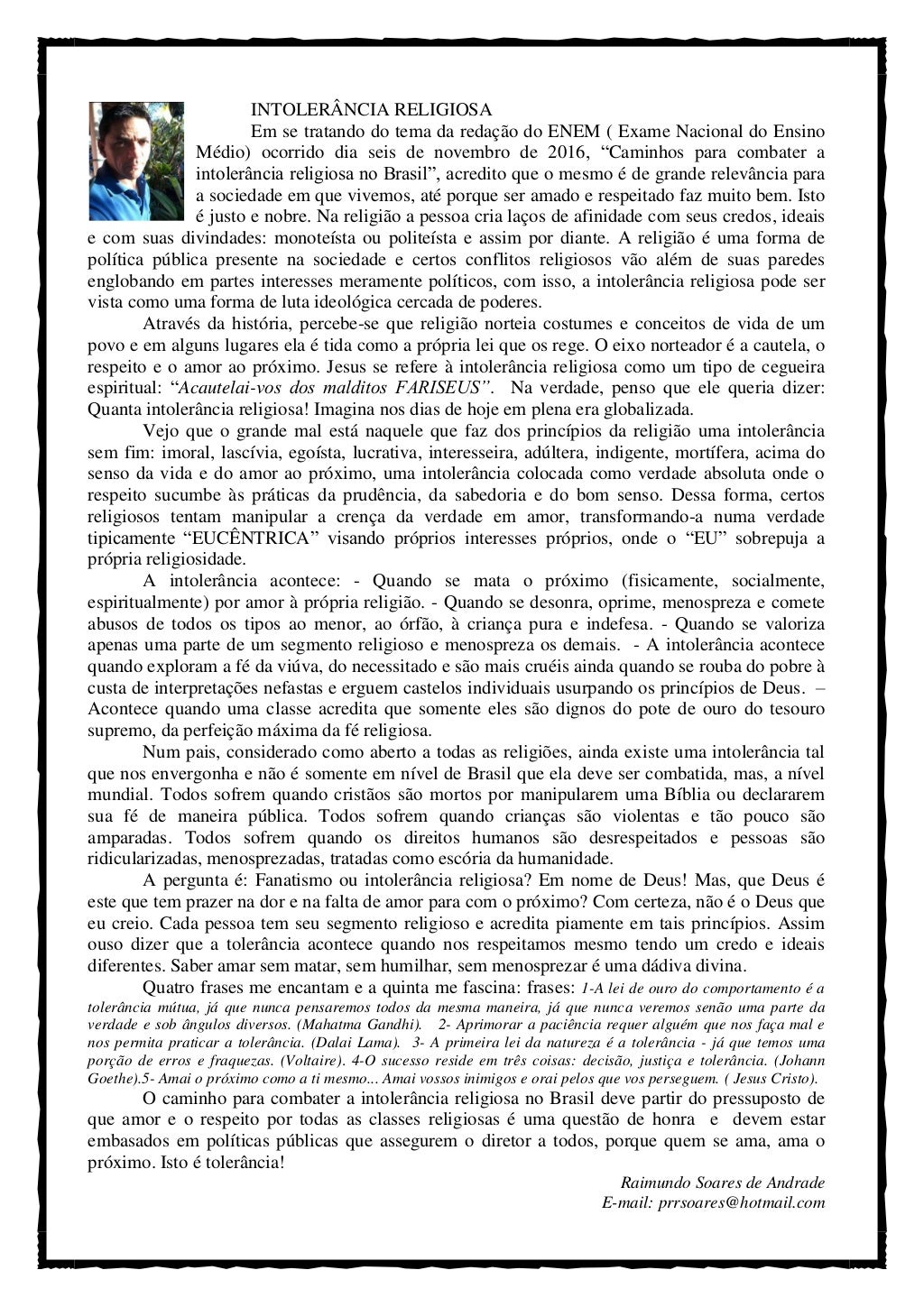 Intolerância Religiosa. Tema da redação do enem 2016. prrsoares