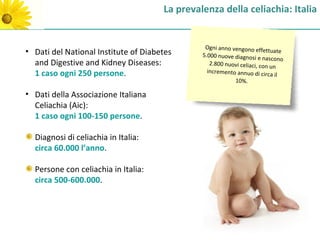 La prevalenza della celiachia: Italia


                                                Ogni anno vengono effe
• Dati del National Institute of Diabetes      5.000 nuove diagnosi e
                                                                         ttuate
                                                                        nascono
  and Digestive and Kidney Diseases:              2.800 nuovi celiaci, con
                                                                           un
  1 caso ogni 250 persone.                       incremento annuo di cir
                                                                          ca il
                                                           10%.

• Dati della Associazione Italiana
  Celiachia (Aic):
  1 caso ogni 100-150 persone.

  Diagnosi di celiachia in Italia:
  circa 60.000 l’anno.

  Persone con celiachia in Italia:
  circa 500-600.000.
 