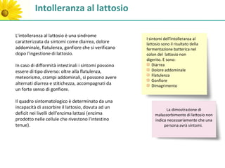 Intolleranza al lattosio

L'intolleranza al lattosio è una sindrome
                                                      I sintomi dell'intolleranza al
caratterizzata da sintomi come diarrea, dolore        lattosio sono il risultato della
addominale, flatulenza, gonfiore che si verificano    fermentazione batterica nel
dopo l'ingestione di lattosio.                        colon del lattosio non
                                                      digerito. E sono:
In caso di difformità intestinali i sintomi possono       Diarrea
essere di tipo diverso: oltre alla flatulenza,            Dolore addominale
                                                          Flatulenza
meteorismo, crampi addominali, si possono avere
                                                          Gonfiore
alternati diarrea e stitichezza, accompagnati da          Dimagrimento
un forte senso di gonfiore.

Il quadro sintomatologico è determinato da una
incapacità di assorbire il lattosio, dovuta ad un                 La dimostrazione di
deficit nei livelli dell'enzima lattasi (enzima            malassorbimento di lattosio non
prodotto nelle cellule che rivestono l'intestino           indica necessariamente che una
tenue).                                                         persona avrà sintomi.
 