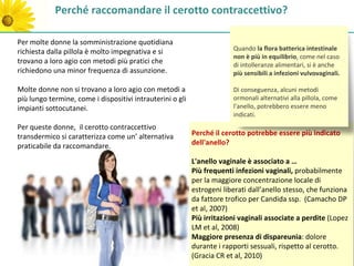 Perché raccomandare il cerotto contraccettivo?

Per molte donne la somministrazione quotidiana
                                                                        Quando la flora batterica intestinale
richiesta dalla pillola è molto impegnativa e si
                                                                        non è più in equilibrio, come nel caso
trovano a loro agio con metodi più pratici che                          di intolleranze alimentari, si è anche
richiedono una minor frequenza di assunzione.                           più sensibili a infezioni vulvovaginali.

Molte donne non si trovano a loro agio con metodi a                     Di conseguenza, alcuni metodi
più lungo termine, come i dispositivi intrauterini o gli                ormonali alternativi alla pillola, come
impianti sottocutanei.                                                  l'anello, potrebbero essere meno
                                                                        indicati.
Per queste donne, il cerotto contraccettivo
transdermico si caratterizza come un’ alternativa          Perché il cerotto potrebbe essere più indicato
praticabile da raccomandare.                               dell'anello?

                                                           L'anello vaginale è associato a …
                                                           Più frequenti infezioni vaginali, probabilmente
                                                           per la maggiore concentrazione locale di
                                                           estrogeni liberati dall’anello stesso, che funziona
                                                           da fattore trofico per Candida ssp. (Camacho DP
                                                           et al, 2007)
                                                           Più irritazioni vaginali associate a perdite (Lopez
                                                           LM et al, 2008)
                                                           Maggiore presenza di dispareunia: dolore
                                                           durante i rapporti sessuali, rispetto al cerotto.
                                                           (Gracia CR et al, 2010)
 