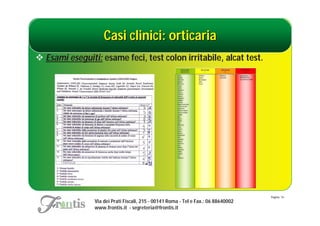 Casi clinici: orticaria
 Esami eseguiti: esame feci, test colon irritabile, alcat test.




                                                                                    Pagina: 14
                Via dei Prati Fiscali, 215 - 00141 Roma - Tel e Fax.: 06 88640002
                www.frontis.it - segreteria@frontis.it
 