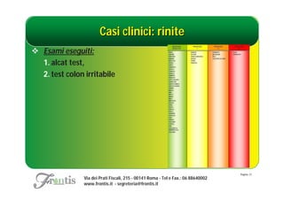 Casi clinici: rinite
 Esami eseguiti:
  1. alcat test,
  2. test colon irritabile




                                                                                    Pagina: 21
                Via dei Prati Fiscali, 215 - 00141 Roma - Tel e Fax.: 06 88640002
                www.frontis.it - segreteria@frontis.it
 