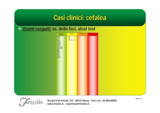 Casi clinici: cefalea
 Esami eseguiti: es. delle feci, alcat test




                                                                                    Pagina: 56
                Via dei Prati Fiscali, 215 - 00141 Roma - Tel e Fax.: 06 88640002
                www.frontis.it - segreteria@frontis.it
 