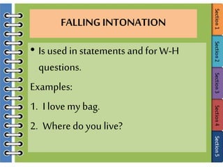 FALLINGINTONATION
• Is used in statements andfor W-H
questions.
Examples:
1. I lovemy bag.
2. Wheredo you live?
 