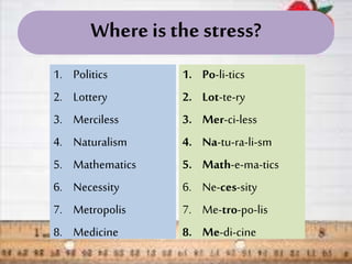 Where is the stress?
1. Politics
2. Lottery
3. Merciless
4. Naturalism
5. Mathematics
6. Necessity
7. Metropolis
8. Medicine
1. Po-li-tics
2. Lot-te-ry
3. Mer-ci-less
4. Na-tu-ra-li-sm
5. Math-e-ma-tics
6. Ne-ces-sity
7. Me-tro-po-lis
8. Me-di-cine
 