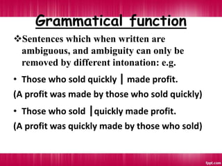 Grammatical function
Sentences which when written are
ambiguous, and ambiguity can only be
removed by different intonation: e.g.
• Those who sold quickly | made profit.
(A profit was made by those who sold quickly)
• Those who sold |quickly made profit.
(A profit was quickly made by those who sold)
 