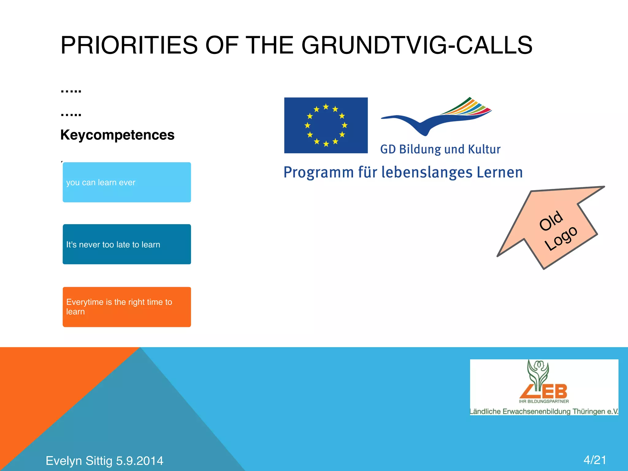 PRIORITIES OF THE GRUNDTVIG-CALLS 
….. 
….. 
Keycompetences 
….. 
…yo.u. can learn ever 
It's never too late to learn 
Everytime is the right time to 
learn 
4/21 
Old 
Logo 
Evelyn Sittig 5.9.2014 
 