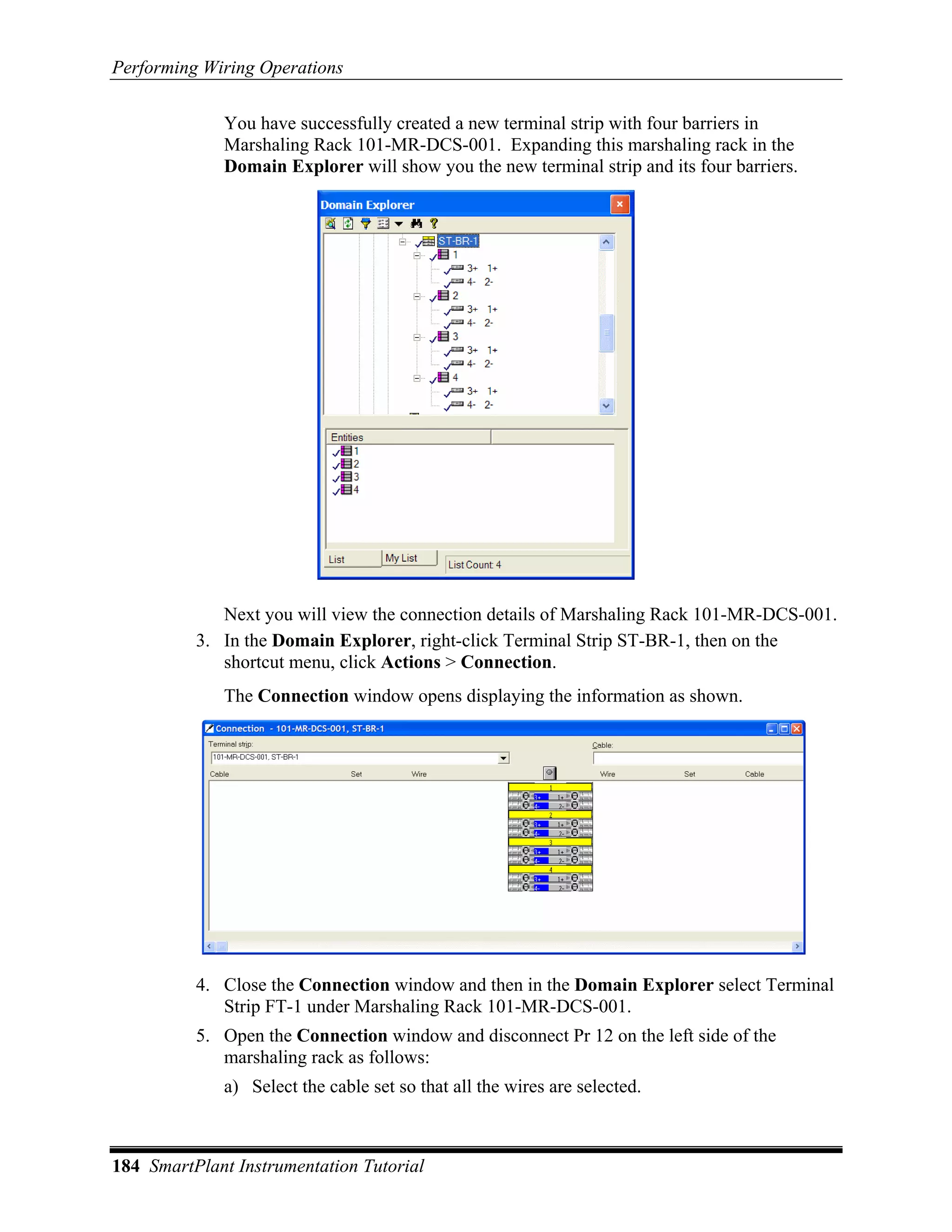 Performing Wiring Operations

             You have successfully created a new terminal strip with four barriers in
             Marshaling Rack 101-MR-DCS-001. Expanding this marshaling rack in the
             Domain Explorer will show you the new terminal strip and its four barriers.




             Next you will view the connection details of Marshaling Rack 101-MR-DCS-001.
          3. In the Domain Explorer, right-click Terminal Strip ST-BR-1, then on the
             shortcut menu, click Actions > Connection.
             The Connection window opens displaying the information as shown.




          4. Close the Connection window and then in the Domain Explorer select Terminal
             Strip FT-1 under Marshaling Rack 101-MR-DCS-001.
          5. Open the Connection window and disconnect Pr 12 on the left side of the
             marshaling rack as follows:
             a) Select the cable set so that all the wires are selected.



184 SmartPlant Instrumentation Tutorial
 