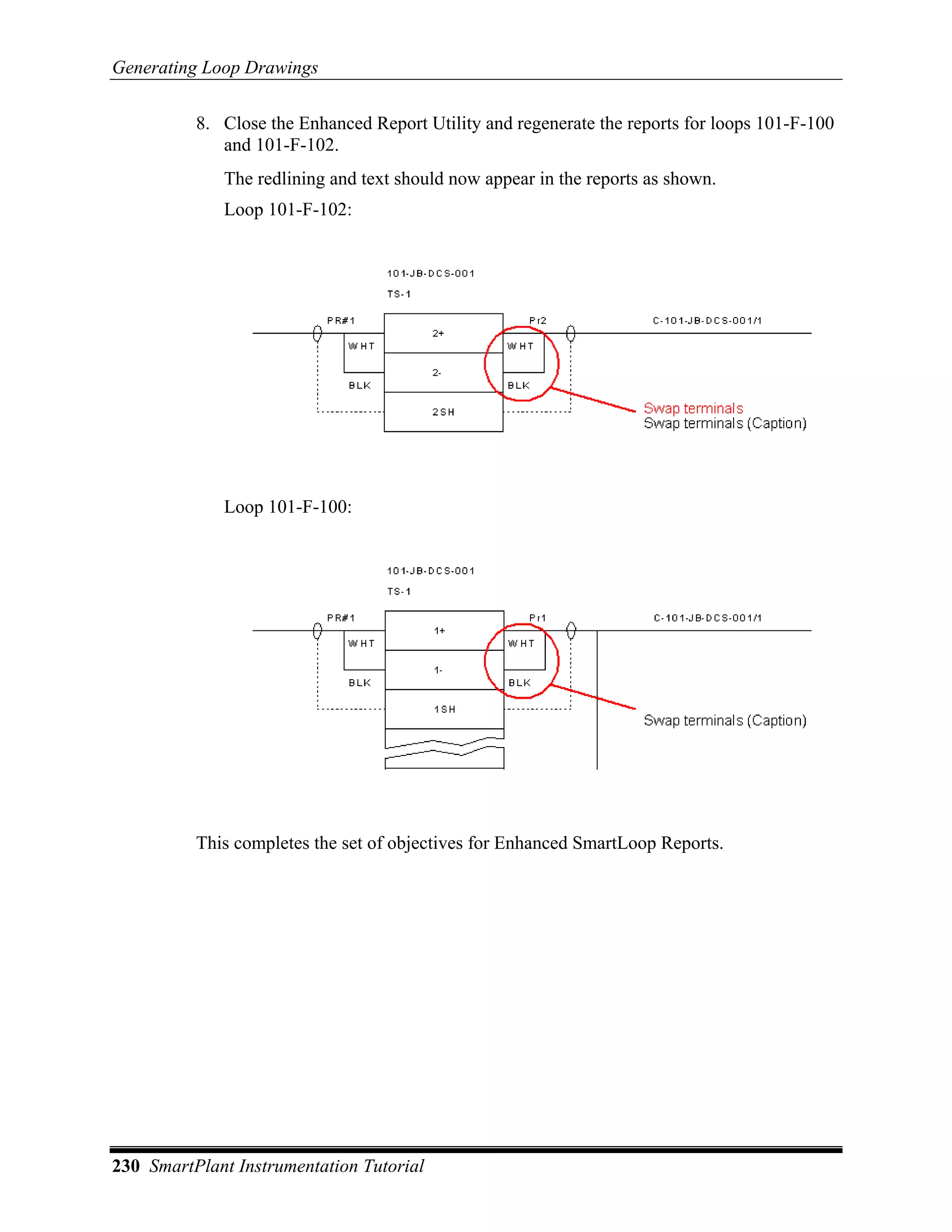Generating Loop Drawings

          8. Close the Enhanced Report Utility and regenerate the reports for loops 101-F-100
             and 101-F-102.
             The redlining and text should now appear in the reports as shown.
             Loop 101-F-102:




             Loop 101-F-100:




          This completes the set of objectives for Enhanced SmartLoop Reports.




230 SmartPlant Instrumentation Tutorial
 