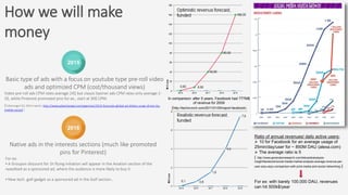 2015
2016
Basic type of ads with a focus on youtube type pre-roll video
ads and optimized CPM (cost/thousand views)
Video pre-roll ads CPM rates average 24$ but classic banner ads CPM rates only average 2-
3$, while Pinterest promoted pins for ex., start at 30$ CPM.
(Tubemogul Q1 2014 report; http://www.adexchanger.com/agencies/2014-forecasts-global-ad-dollars-surge-driven-by-
mobile-social/ )
Native ads in the interests sections (much like promoted
pins for Pinterest)
For ex:
• A Groupon discount for 1h flying initiation will appear in the Aviation section of the
newsfeed as a sponsored ad, where the audience is more likely to buy it
• New tech. golf gadget as a sponsored ad in the Golf section…
How we will make
money
Ratio of annual revenues/ daily active users:
 10 for Facebook for an average usage of
25min/day/user for ~ 850M DAU (alexa.com)
 The average ratio is 5
( http://www.generatorresearch.com/tekcarta/analysis-
insight/facebook/social-media-market-analysis-average-revenue-per-
user-arpu-arpu-comparison-with-print-media-and-social-networking-)
For ex: with barely 100,000 DAU, revenues
can hit 500k$/year
In comparison: after 5 years, Facebook had 777M$
of revenue for 2009
(http://techcrunch.com/2011/01/05/report-facebook)
 