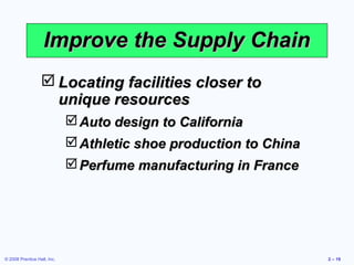 Improve the Supply Chain
                   Locating facilities closer to
                    unique resources
                              Auto design to California
                              Athletic shoe production to China
                              Perfume manufacturing in France




© 2008 Prentice Hall, Inc.                                         2 – 19
 