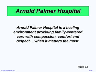 Arnold Palmer Hospital

                        Arnold Palmer Hospital is a healing
                      environment providing family-centered
                        care with compassion, comfort and
                       respect… when it matters the most.




                                                        Figure 2.2
© 2008 Prentice Hall, Inc.                                           2 – 35
 