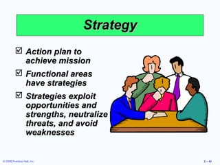 Strategy
           Action plan to
            achieve mission
           Functional areas
            have strategies
           Strategies exploit
            opportunities and
            strengths, neutralize
            threats, and avoid
            weaknesses


© 2008 Prentice Hall, Inc.              2 – 42
 