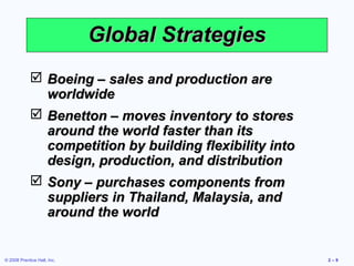 Global Strategies
              Boeing – sales and production are
               worldwide
              Benetton – moves inventory to stores
               around the world faster than its
               competition by building flexibility into
               design, production, and distribution
              Sony – purchases components from
               suppliers in Thailand, Malaysia, and
               around the world


© 2008 Prentice Hall, Inc.                                2–9
 