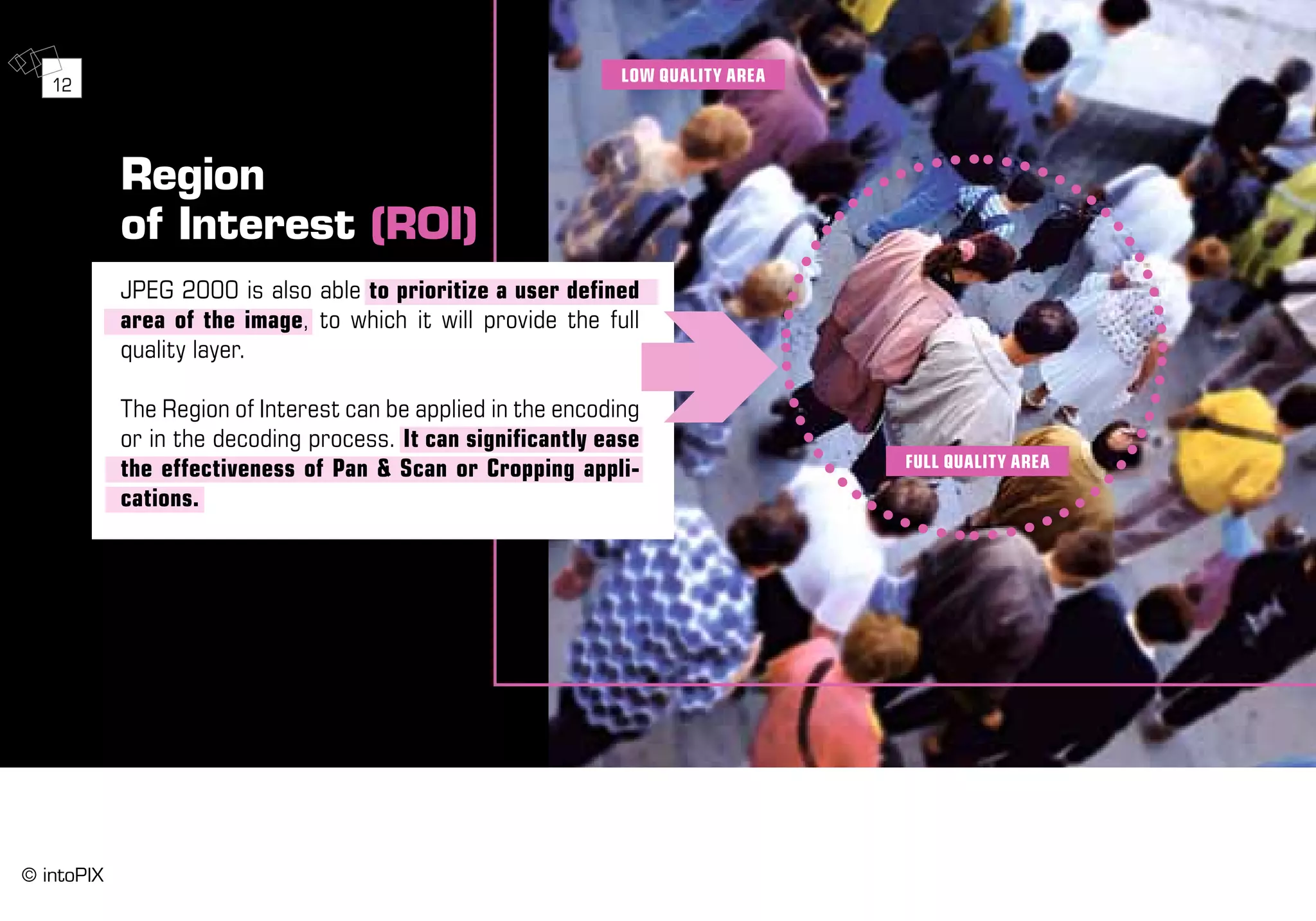 Region
of Interest (ROI)
JPEG 2000 is also able to prioritize a user defined
area of the image, to which it will provide the full
quality layer.
The Region of Interest can be applied in the encoding
or in the decoding process. It can significantly ease
the effectiveness of Pan & Scan or Cropping appli-
cations.
LOW QUALITY AREA
FULL QUALITY AREA
12
© intoPIX
12
 