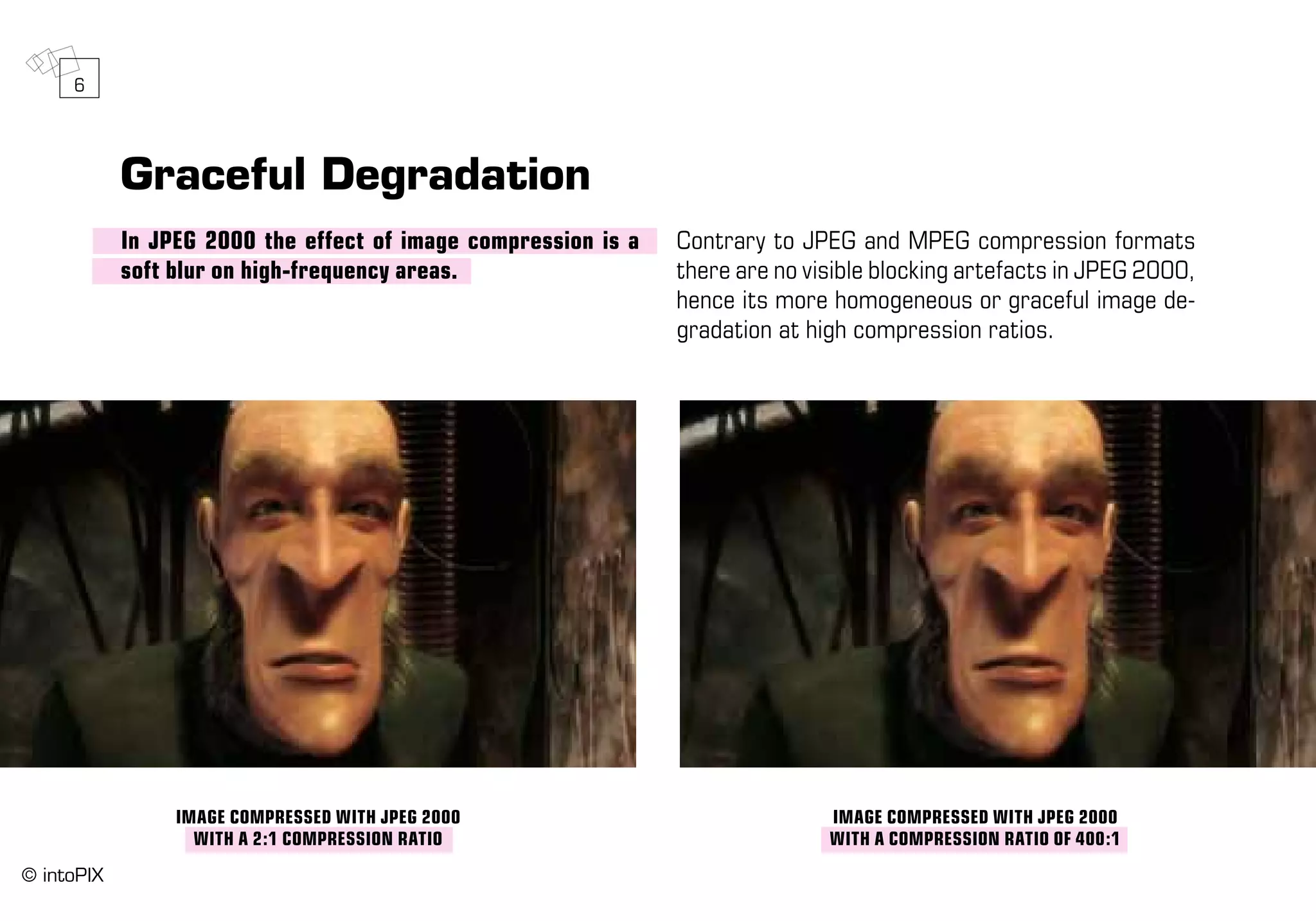 Graceful Degradation
In JPEG 2000 the effect of image compression is a
soft blur on high-frequency areas.
Contrary to JPEG and MPEG compression formats
there are no visible blocking artefacts in JPEG 2000,
hence its more homogeneous or graceful image de-
gradation at high compression ratios.
image compressed with JPEG 2000
with a 2:1 compression ratio
image compressed with JPEG 2000
with a compression ratio OF 400:1
6
© intoPIX
 