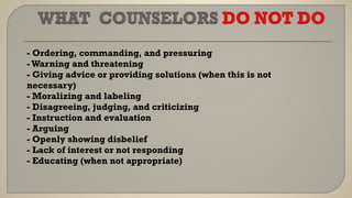 - Ordering, commanding, and pressuring
-Warning and threatening
- Giving advice or providing solutions (when this is not
necessary)
- Moralizing and labeling
- Disagreeing, judging, and criticizing
- Instruction and evaluation
- Arguing
- Openly showing disbelief
- Lack of interest or not responding
- Educating (when not appropriate)
 