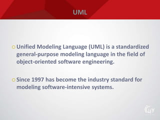 UML
 Unified Modeling Language (UML) is a standardized
general-purpose modeling language in the field of
object-oriented software engineering.
 Since 1997 has become the industry standard for
modeling software-intensive systems.
 