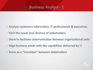 Business Analyst - 1
 Analyze customers information, IT professionals & executives
 Elicit the needs (not desires) of stakeholders
 Work to facilitate communication between organizational units
 Align business needs with the capabilities delivered by IT
 Serve as a “translator” between stakeholders
 