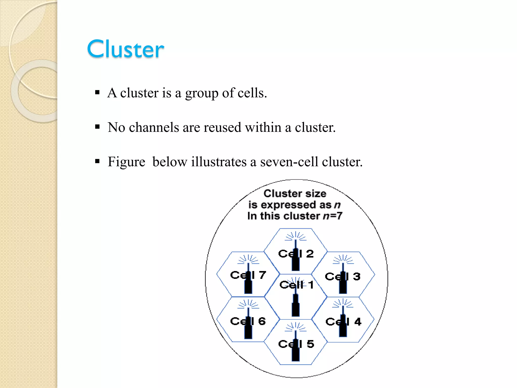 Cluster
 A cluster is a group of cells.
 No channels are reused within a cluster.
 Figure below illustrates a seven-cell cluster.
 