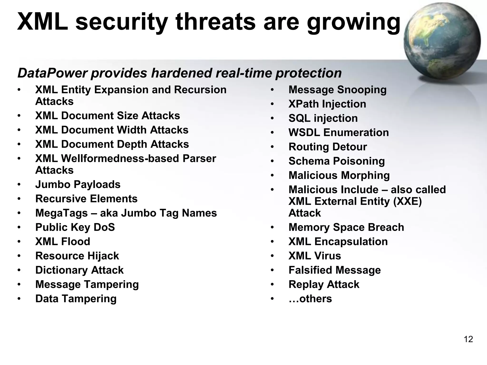 XML security threats are growing
DataPower provides hardened real-time protection
•
•
•
•
•
•
•
•
•
•
•
•
•
•

XML Entity Expansion and Recursion
Attacks
XML Document Size Attacks
XML Document Width Attacks
XML Document Depth Attacks
XML Wellformedness-based Parser
Attacks
Jumbo Payloads
Recursive Elements
MegaTags – aka Jumbo Tag Names
Public Key DoS
XML Flood
Resource Hijack
Dictionary Attack
Message Tampering
Data Tampering

•
•
•
•
•
•
•
•
•
•
•
•
•
•

Message Snooping
XPath Injection
SQL injection
WSDL Enumeration
Routing Detour
Schema Poisoning
Malicious Morphing
Malicious Include – also called
XML External Entity (XXE)
Attack
Memory Space Breach
XML Encapsulation
XML Virus
Falsified Message
Replay Attack
…others

12

 