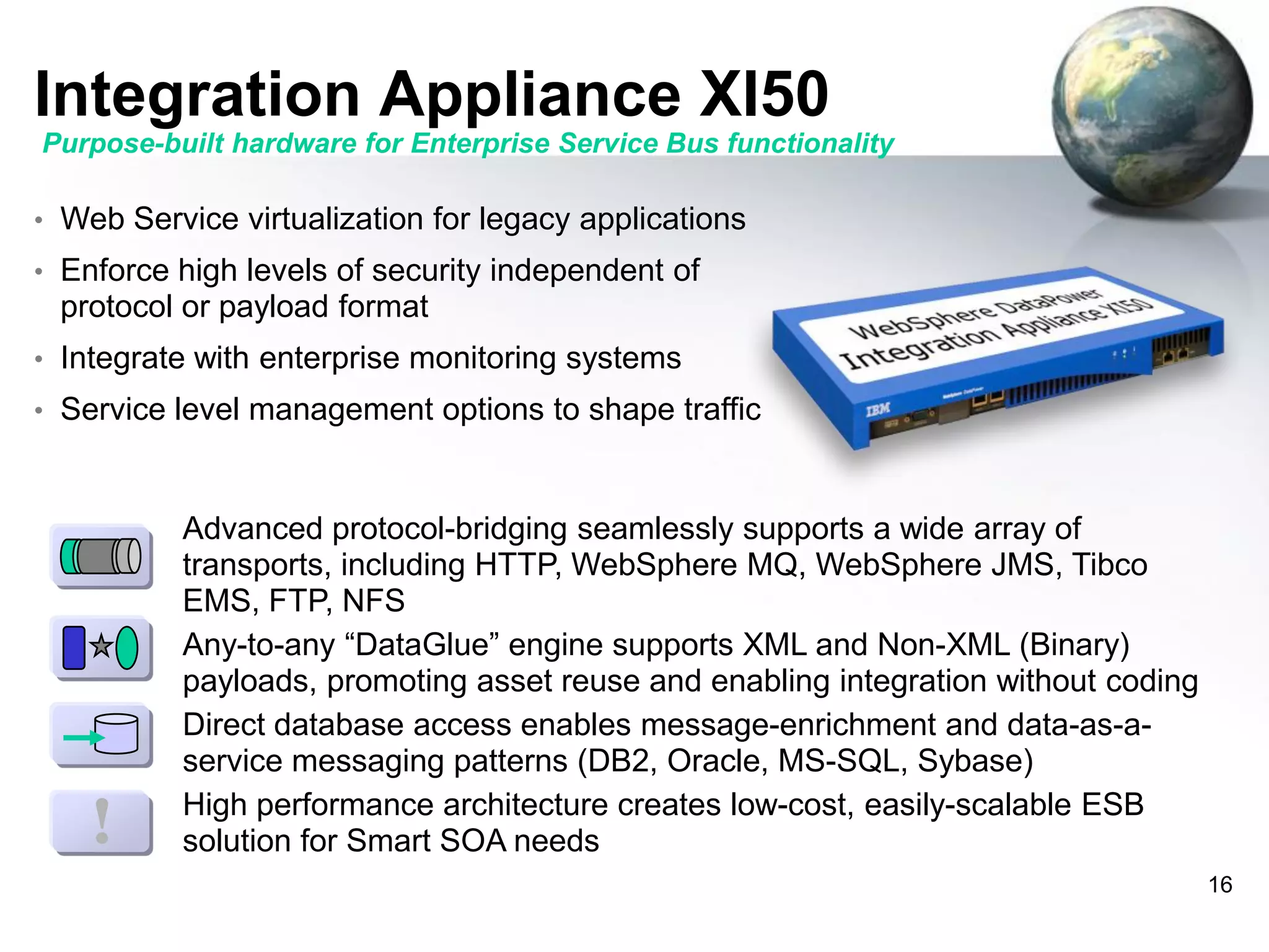 Integration Appliance XI50
Purpose-built hardware for Enterprise Service Bus functionality
• Web Service virtualization for legacy applications
• Enforce high levels of security independent of

protocol or payload format
• Integrate with enterprise monitoring systems
• Service level management options to shape traffic

!

Advanced protocol-bridging seamlessly supports a wide array of
transports, including HTTP, WebSphere MQ, WebSphere JMS, Tibco
EMS, FTP, NFS
Any-to-any “DataGlue” engine supports XML and Non-XML (Binary)
payloads, promoting asset reuse and enabling integration without coding
Direct database access enables message-enrichment and data-as-aservice messaging patterns (DB2, Oracle, MS-SQL, Sybase)
High performance architecture creates low-cost, easily-scalable ESB
solution for Smart SOA needs
16

 