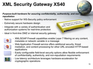 XML Security Gateway XS40
Purpose-built hardware for assuring confidentiality, authenticity, and nonrepudiation
• Native support for WS-Security policy enforcement

• Extremely secure hardware design
• Integrate with a variety of authentication and

authorization systems for real-time protection
• Ideal in front-line DMZ or internal security gateway
• XML/SOAP Firewall capabilities enable Layer 7 filtering on any content,

metadata or network variable in a message
• Web Application Firewall service offers additional security, threat
mediation, and content processing for other URL encoded HTTP-based
applications
• Easily configurable field-level security options allow flexible enforcement
of confidentiality, authenticity, and non-repudiation requirements
• Low latency architecture leverages hardware-acceleration for
cryptographic operations
10

 
