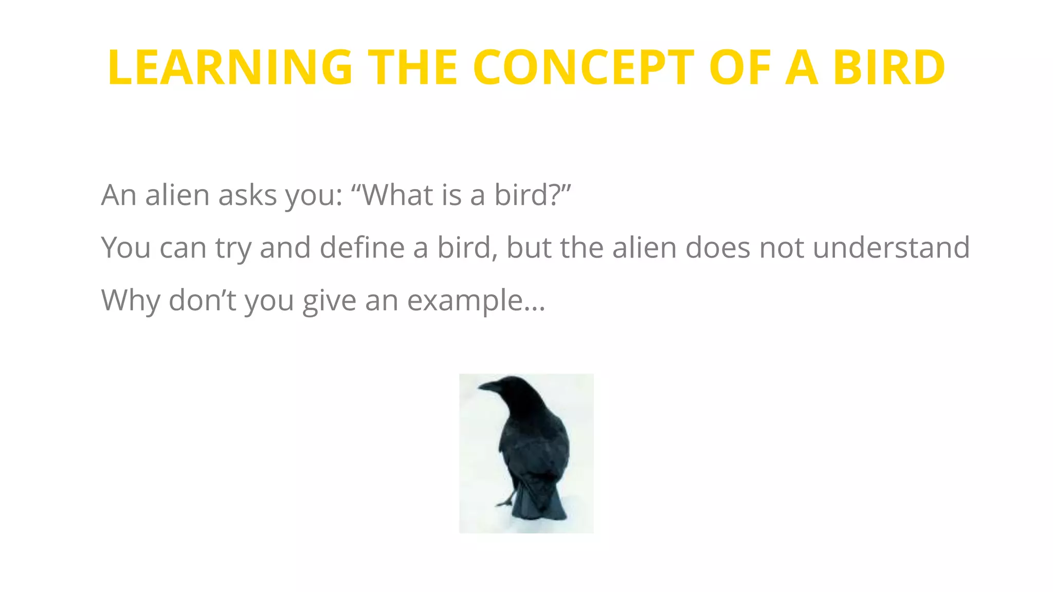 LEARNING THE CONCEPT OF A BIRD
An alien asks you: “What is a bird?”
You can try and define a bird, but the alien does not understand
Why don’t you give an example…
 