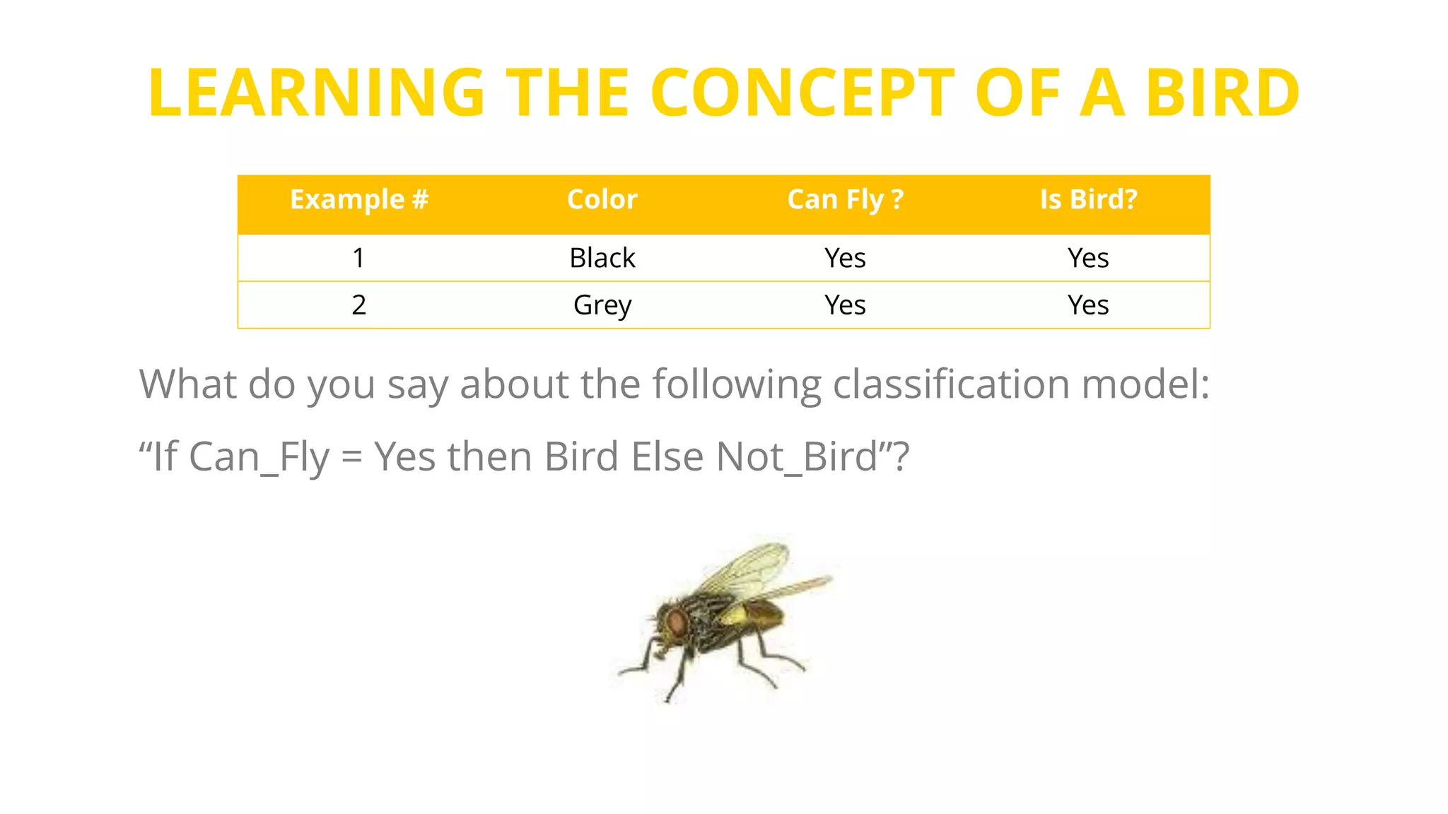 LEARNING THE CONCEPT OF A BIRD
Is Bird?Can Fly ?ColorExample #
YesYesBlack1
YesYesGrey2
What do you say about the following classification model:
“If Can_Fly = Yes then Bird Else Not_Bird”?
 