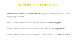SUPERVISED LEARNING
Estimate or Predict an unknown result, given explicit values of some
explaining features.
We call the dataset that describe the experience training set
When the unknown result is numeric, we call the task Regression
When the unknown result is categorical, we call the task Classification
 