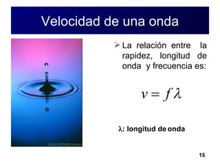 Velocidad de una onda La relación entre  la rapidez, longitud de onda  y frecuencia es:  : longitud de onda 