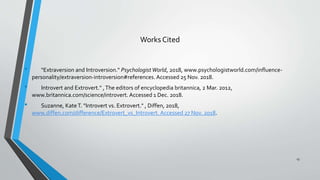 Works Cited
• "Extraversion and Introversion." PsychologistWorld, 2018, www.psychologistworld.com/influence-
personality/extraversion-introversion#references. Accessed 25 Nov. 2018.
• Introvert and Extrovert." ,The editors of encyclopedia britannica, 2 Mar. 2012,
www.britannica.com/science/introvert. Accessed 1 Dec. 2018.
• Suzanne, KateT. "Introvert vs. Extrovert." , Diffen, 2018,
www.diffen.com/difference/Extrovert_vs_Introvert. Accessed 27 Nov. 2018.
13
 