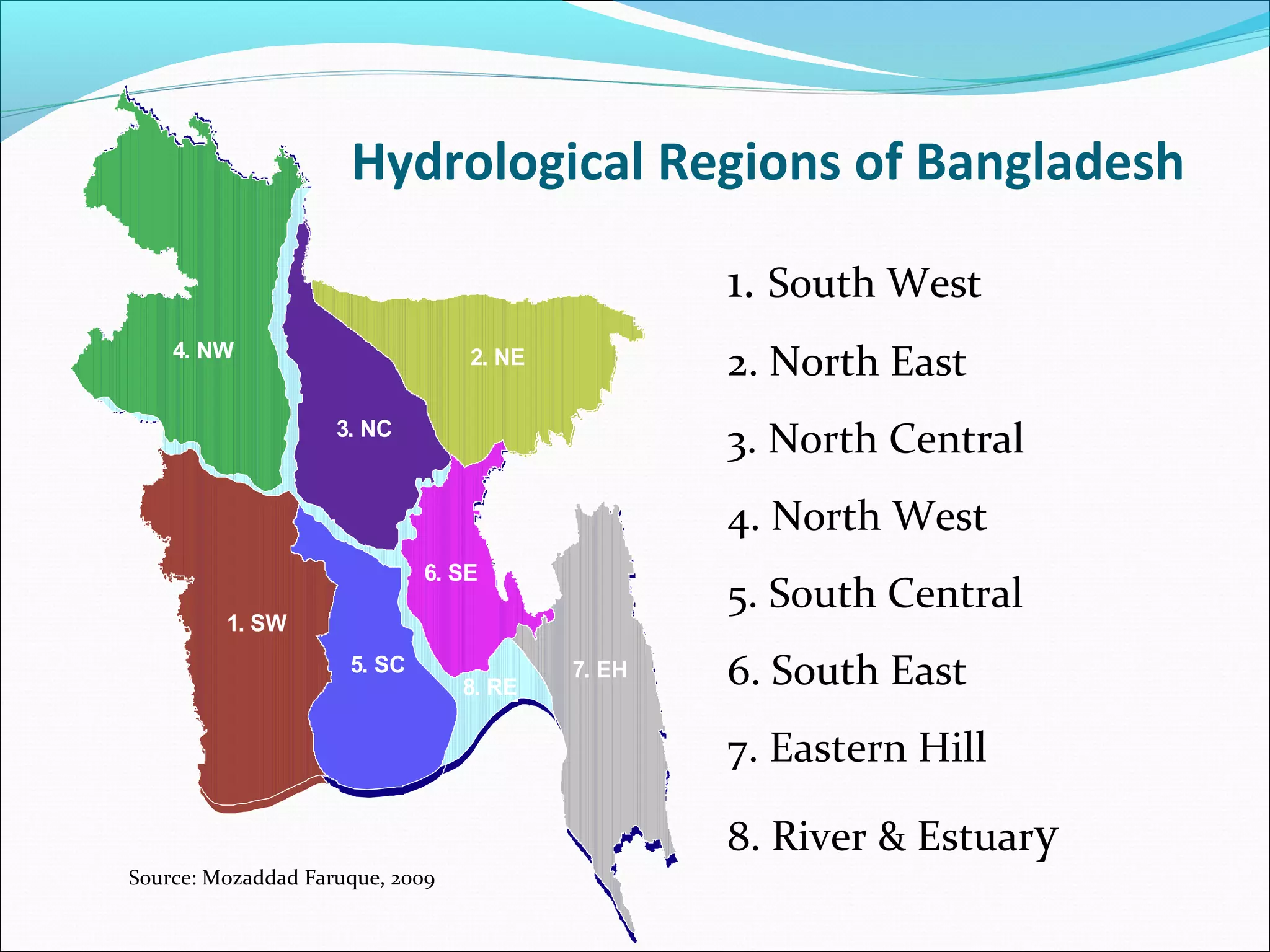 Hydrological Regions of Bangladesh

                                                 1. South West
    4. NW                        2. NE           2. North East
                    3. NC
                                                 3. North Central
                                                 4. North West
                             6. SE
                             6. SE
                                                 5. South Central
         1. SW
         1. SW
                     5. SC
                     5. SC
                                 8. RE
                                 8. RE
                                         7. EH
                                         7. EH   6. South East
                                                 7. Eastern Hill

                                                 8. River & Estuary
Source: Mozaddad Faruque, 2009
 