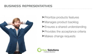 BUSINESS REPRESENTATIVES
➤Prioritize products features
➤Manages product backlog
➤Ensures a shared understanding
➤Provides the acceptance criteria
➤Makes change requests
 