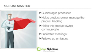 SCRUM MASTER
➤Guides agile processes
➤Helps product owner manage the
product backlog
➤Helps the product owner
communicate
➤Facilitates meetings
➤Follows up on issues
 