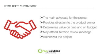 PROJECT SPONSOR
➤The main advocate for the project
➤Provides direction to the product owner
➤Determines value on time and on budget
➤May attend iteration review meetings
➤Authorizes the project
 