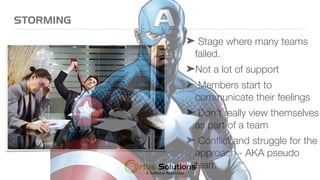 STORMING
➤ Stage where many teams
failed.
➤Not a lot of support
➤ Members start to
communicate their feelings
➤ Don’t really view themselves
as part of a team
➤ Conﬂict and struggle for the
approach - AKA pseudo
team
 