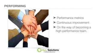PERFORMING
➤ Performance metrics
➤ Continuous improvement
➤ On the way of becoming a
high-performance team.
 