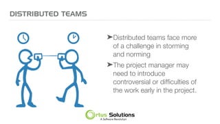 DISTRIBUTED TEAMS
➤Distributed teams face more
of a challenge in storming
and norming
➤The project manager may
need to introduce
controversial or difﬁculties of
the work early in the project.
 