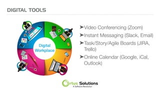 DIGITAL TOOLS
➤Video Conferencing (Zoom)
➤Instant Messaging (Slack, Email)
➤Task/Story/Agile Boards (JIRA,
Trello)
➤Online Calendar (Google, iCal,
Outlook)
 